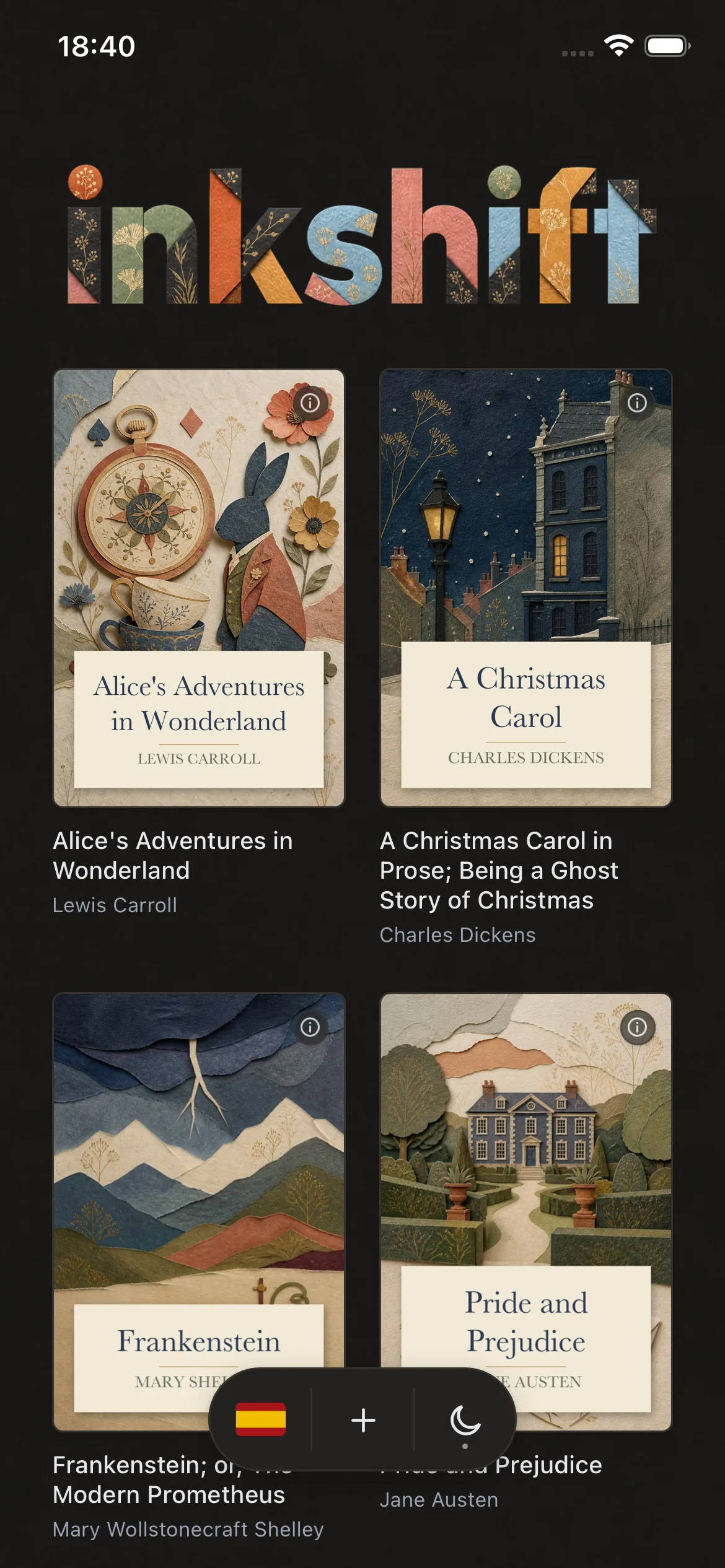 The InkShift shelf on an iPhone, with four books installed: Alice's Adventures in Wonderland, A Christmas Carol, Frankenstein and Pride and Prejudice.