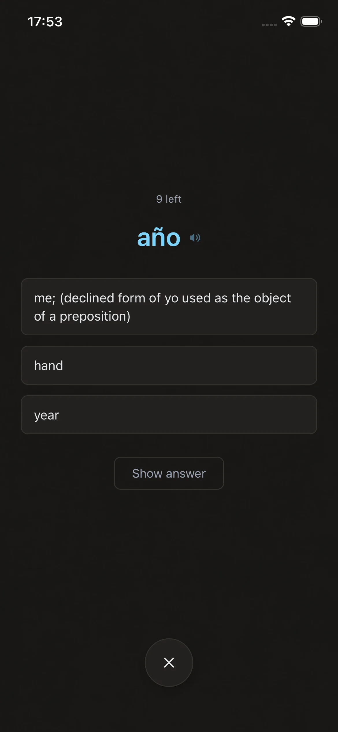 A flashcard in InkShift offering three possible meanings for a Spanish word.