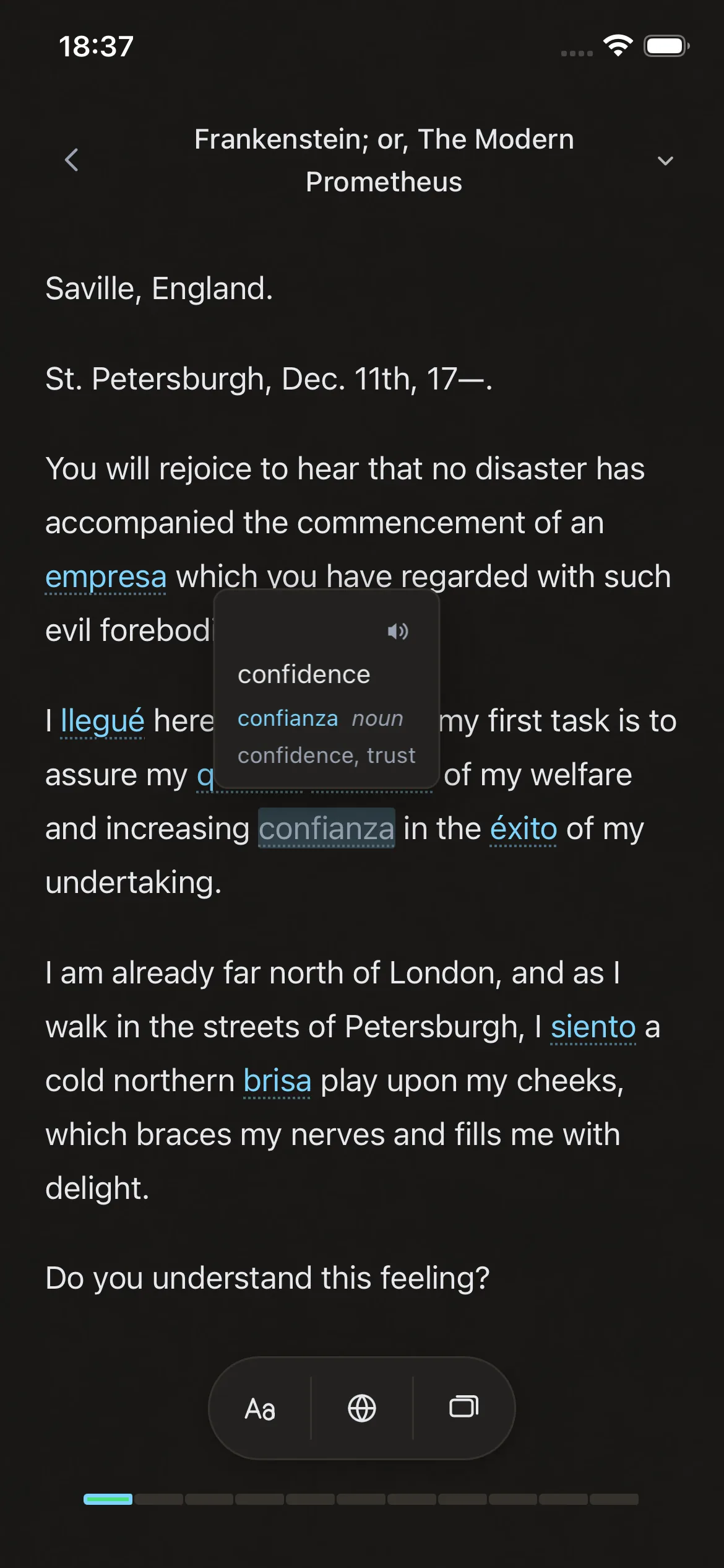 The Spanish word confianza tapped in Frankenstein, with confidence shown in a popover beside it.